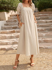 Pleated Solid Color Bishop Sleeve Loose Square-neck Midi Dresses