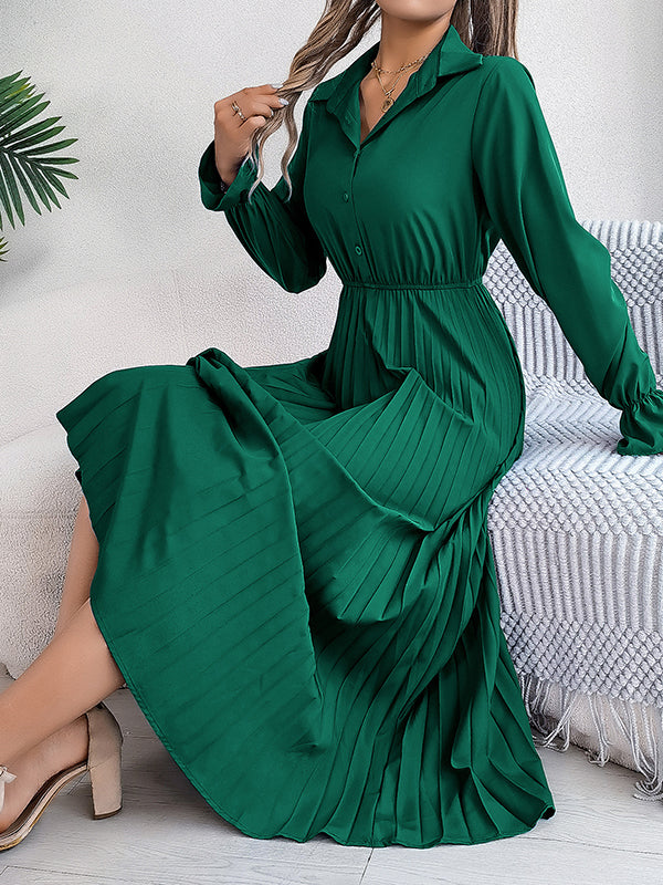 Buttoned Elasticity Pleated Solid Color A-Line Flared Sleeves Lapel Maxi Dresses