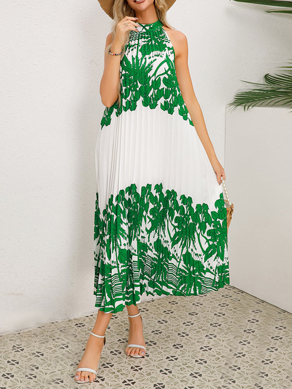 Hollow Pleated Printed Tied A-Line Loose Mock Neck Midi Dresses