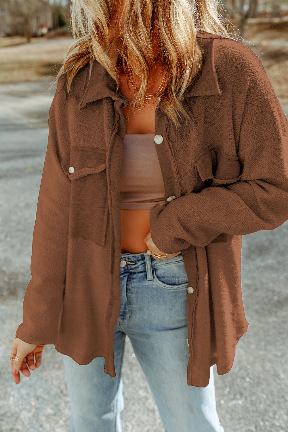 Brown Contrast Flap Pockets Relaxed Shacket – Godu Shop