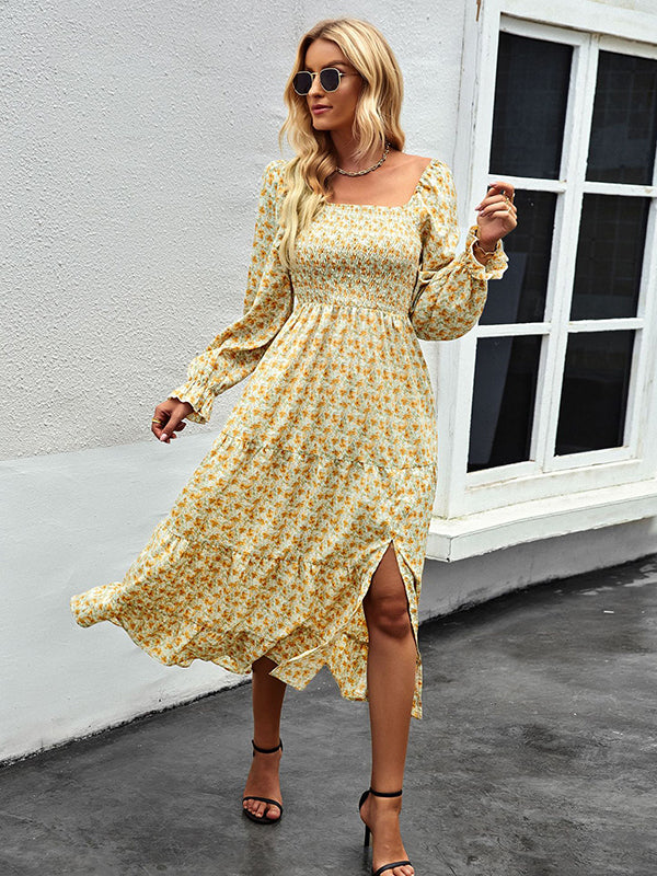 Bohemia Long Sleeves Floral Printed U-Neck Dress