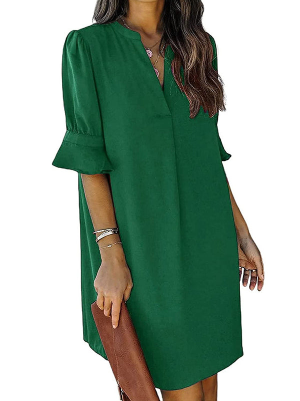Pleated Ruffled Solid Color Split-Joint A-Line Flared Sleeves V-Neck Mini Dresses