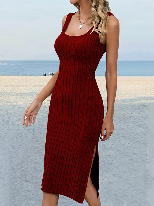 Solid Color Split-Side Striped Skinny Sleeveless U-Neck Midi Dresses