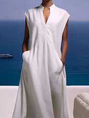 Pockets Solid Color Cap Sleeve Loose V-neck Maxi Dresses