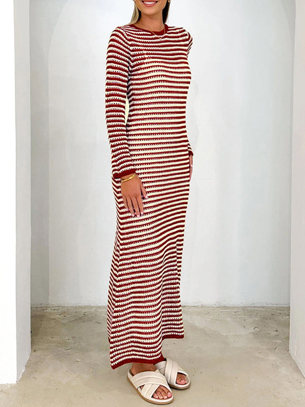 Contrast Color Striped Tied High Waisted Long Sleeves Round-Neck Sweater Dresses Midi Dresses