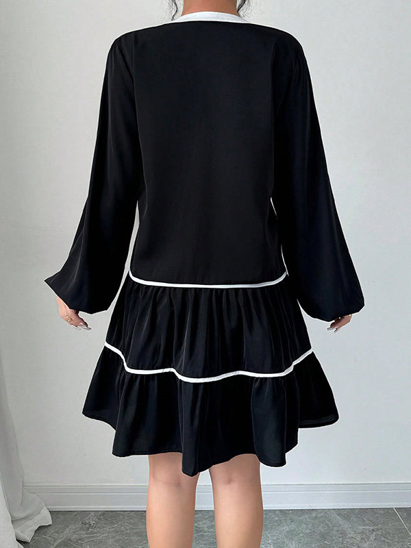 Elasticity Pleated Tied A-Line Long Sleeves V-Neck Mini Dresses