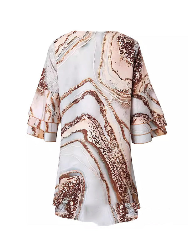 Layered Printed Split-Joint A-Line Flared Sleeves V-Neck Mini Dresses
