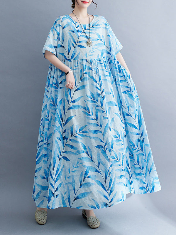 Leaf Pleated Printed Split-Joint Loose Short Sleeves Round-Neck Midi Dresses