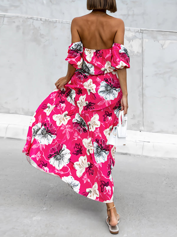 Elasticity Flower Print Pleated Split-Joint Tied Waist A-Line Loose Off-The-Shoulder Maxi Dresses