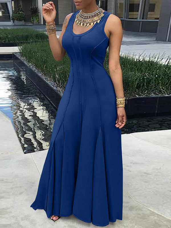 Solid Color Split-Joint Plus Size Sleeveless U-neck Maxi Dresses