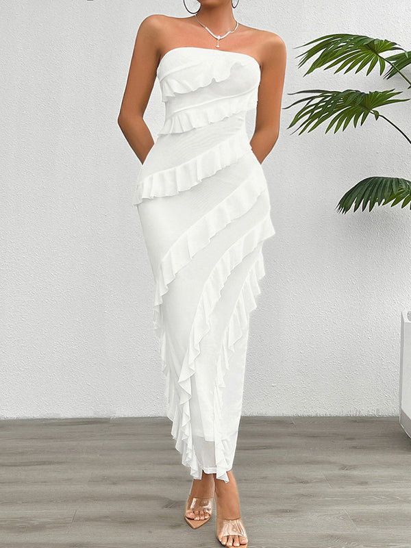 Ruffle Trim Solid Color Split-Back Split-Joint Bodycon High Waisted Tube Maxi Dresses