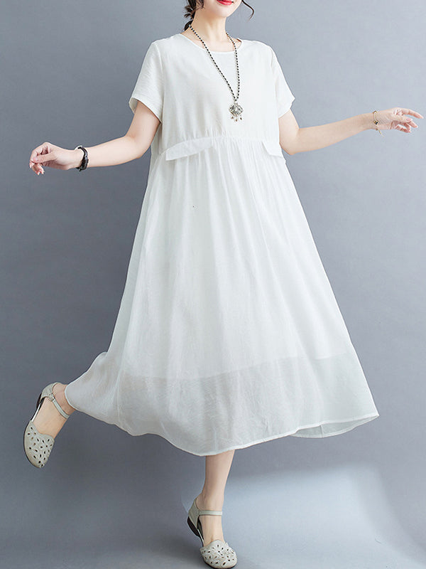 Gauze Solid Color Split-Joint Loose Short Sleeves Round-neck Midi Dresses