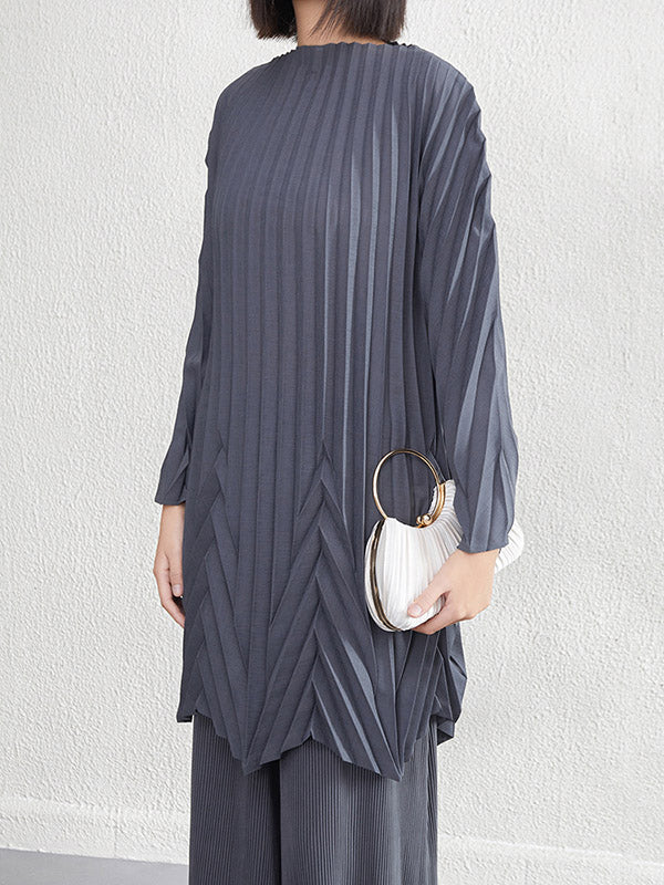 Pleated Solid Color A-Line Long Sleeves Round-Neck Mini Dresses
