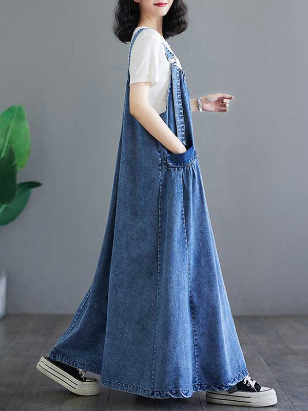 Pleated Pockets Split-Joint A-Line Loose Spaghetti-Neck Suspender Dress Maxi Dresses