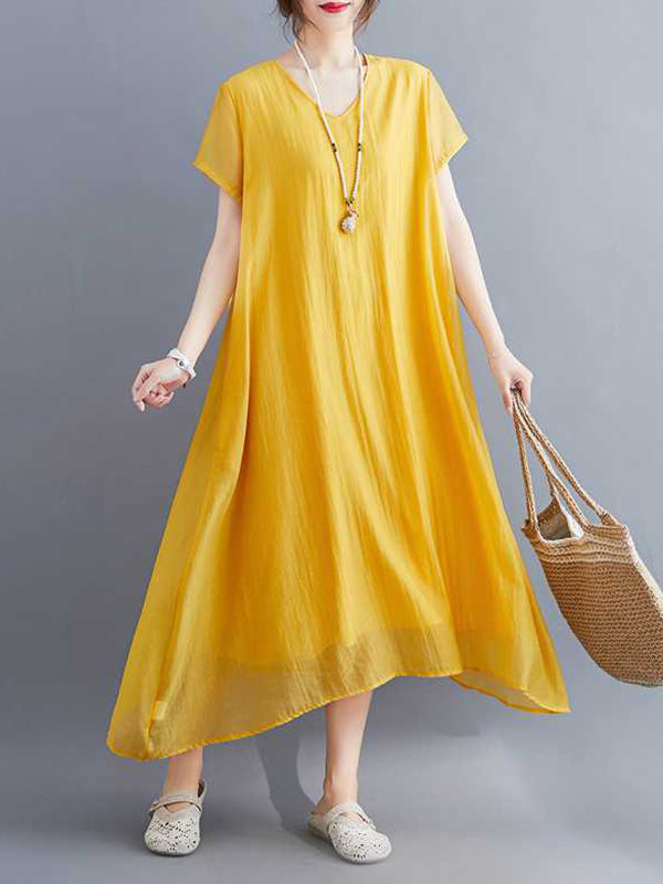 Solid Color A-Line Loose V-Neck Midi Dresses