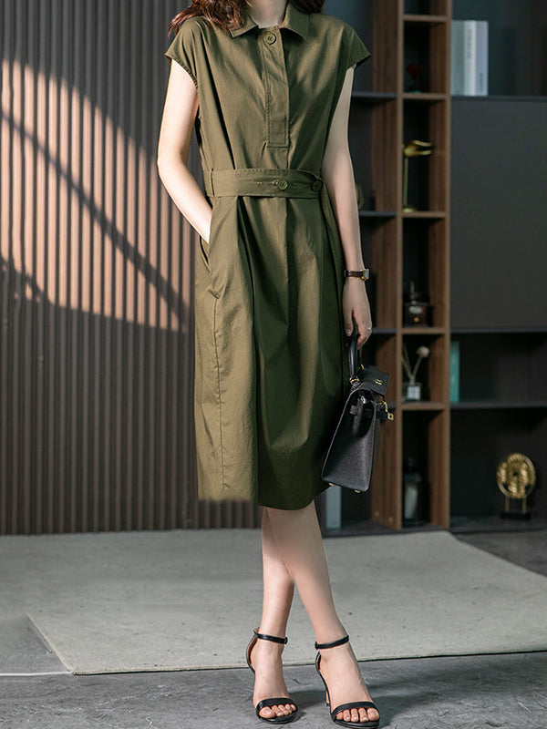 Bandage Solid Color Plus Size Short Sleeves Lapel Midi Dresses