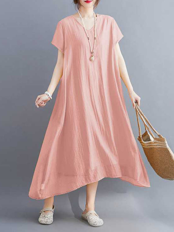 Solid Color A-Line Loose V-Neck Midi Dresses