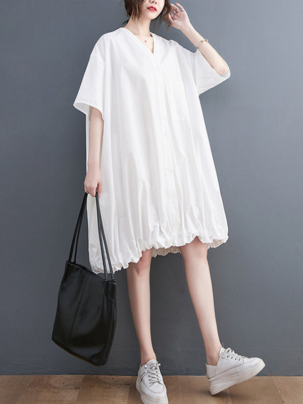 Solid Color Loose Short Sleeves V-neck Midi Dresses