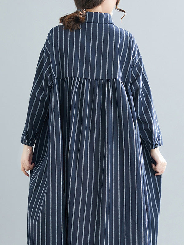 Simple Striped Buttoned Lapel Long Sleeves Shirt Dress