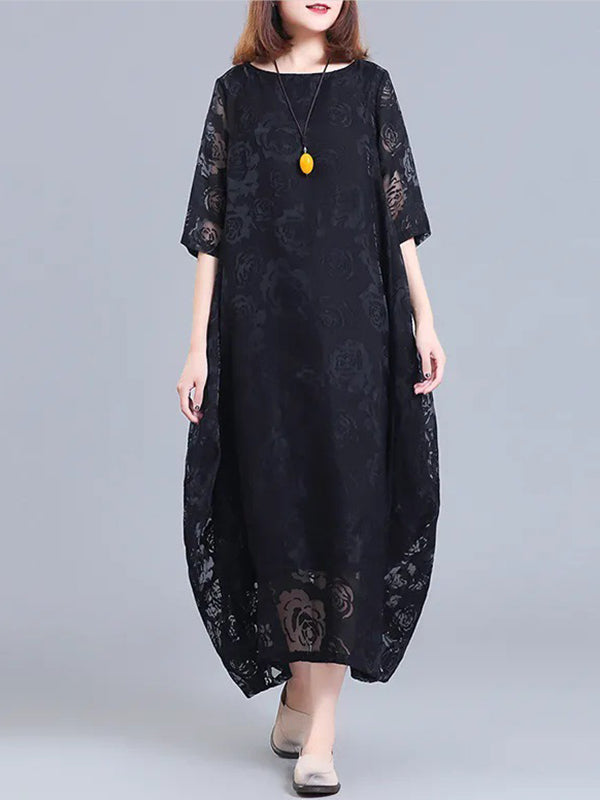 Flower Print See-Through Solid Color A-Line Half Sleeves Round-Neck Midi Dresses