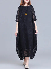 Flower Print See-Through Solid Color A-Line Half Sleeves Round-Neck Midi Dresses