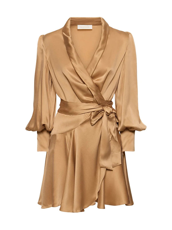 Solid Color Ruffled Long Sleeves Satin Elegant Mini Dresses