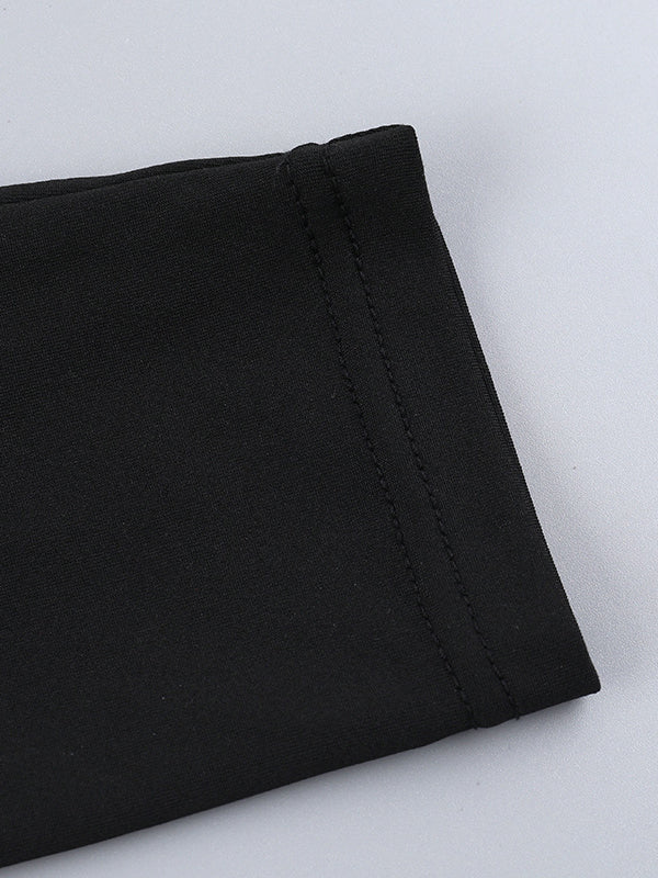 Contrast Color Pleated Split-Joint Long Sleeves Skinny Round-Neck Mini Dresses