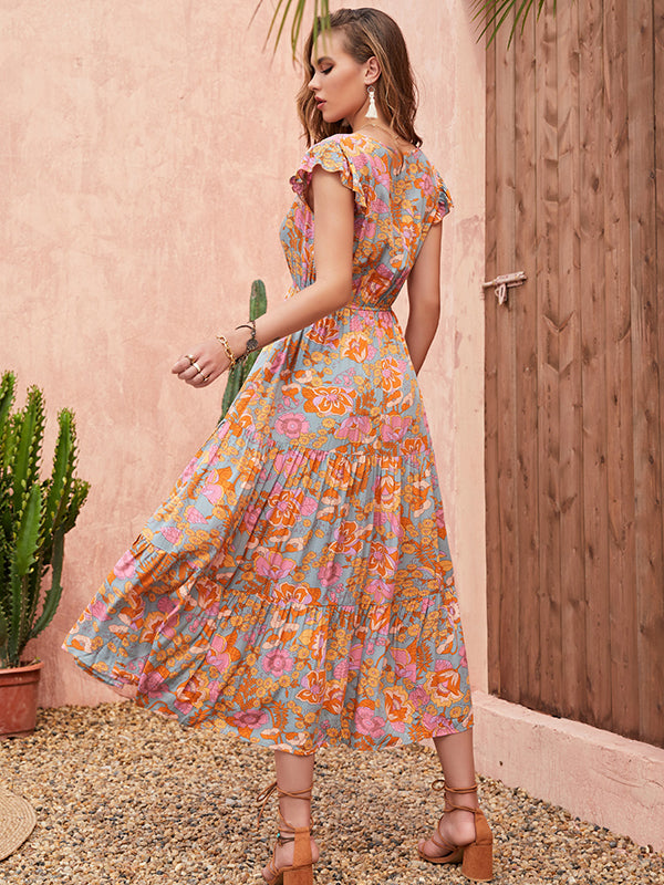 Bohemia A-Line Flared Sleeves V-Neck Maxi Dress