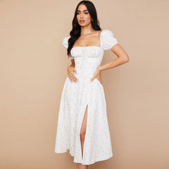 Sexy Daisy Printed Puff Sleeve High Slit Smock Maxi Sundress - White