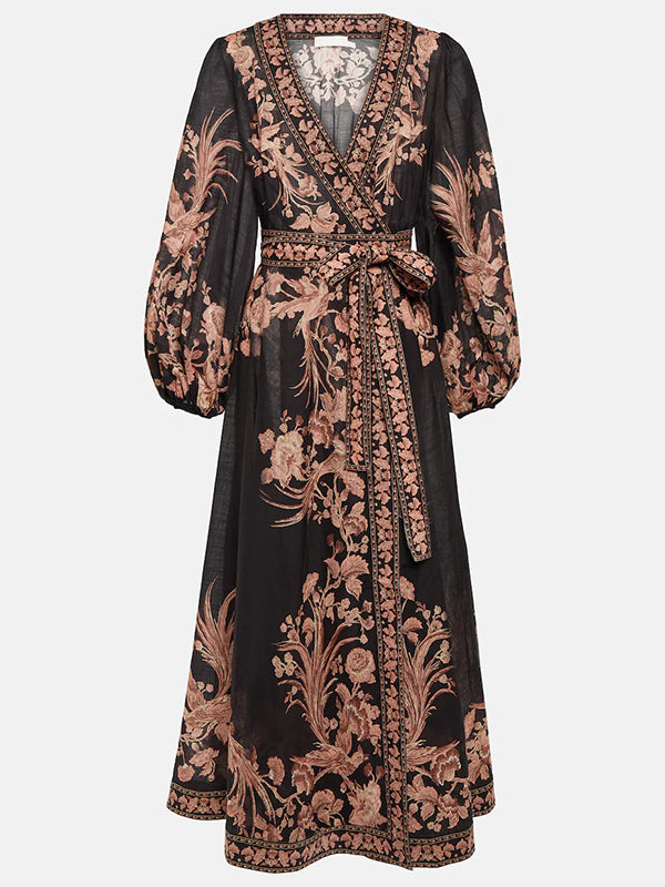 Flower Print Patchwork Bandage V-Neck Maxi Dresses