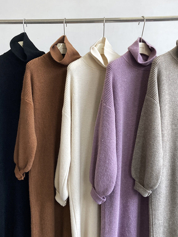 Urban Loose Puff Sleeves Solid Color High-Neck Sweater Dresses