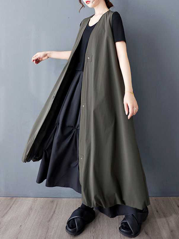 Buttoned Pleated Pockets Solid Color A-Line Loose V-Neck Vest Outerwear Midi Dresses
