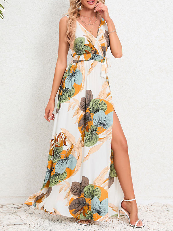 Flower Print Pleated Split-Front Tied Waist A-Line Loose V-Neck Maxi Dresses