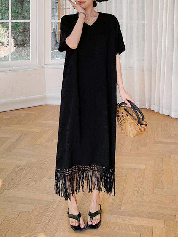 Solid Color Split-Joint Tasseled Loose Short Sleeves V-Neck Midi Dresses