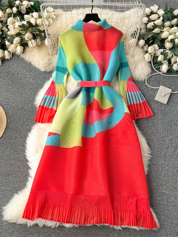 Belted Contrast Color Pleated Flared Sleeves Loose Midi Dresses