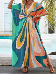 Printed Split-Joint Split-Side Batwing Sleeves Loose V-Neck Maxi Dresses