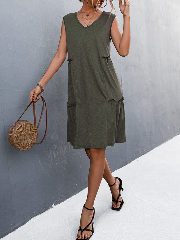 Pleated Solid Color Split-Joint A-line Loose V-neck Midi Dresses