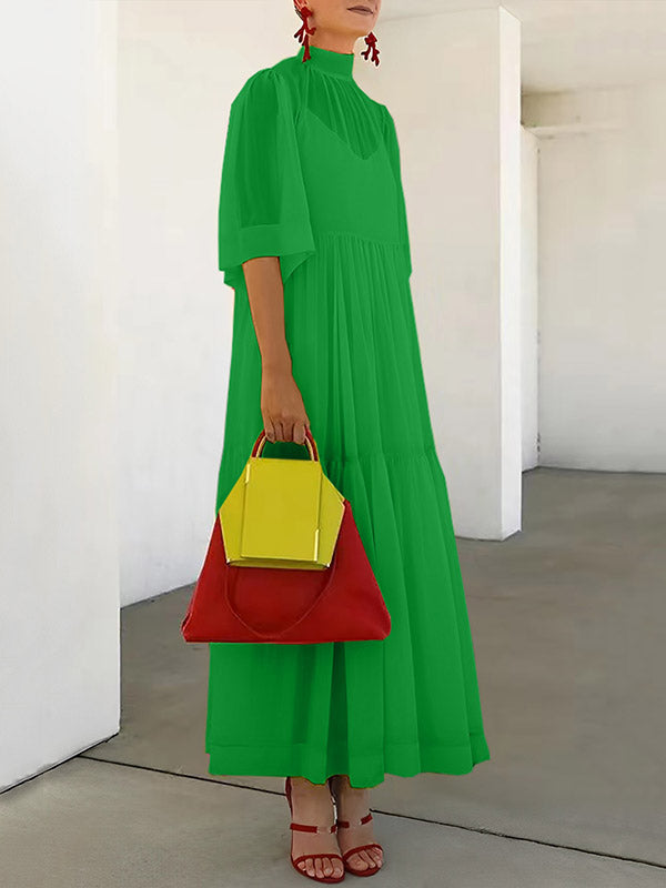 Mesh Pleated Solid Color Split-Joint Loose Plus Size Mock Neck Two Pieces Set Maxi Dresses
