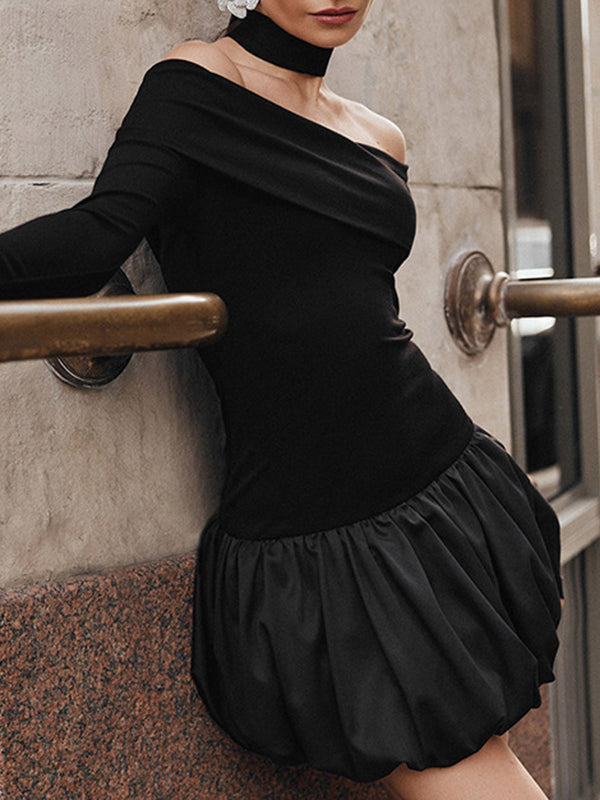 Contrast Color Pleated Split-Joint High Waisted Long Sleeves Off-The-Shoulder Mini Dresses