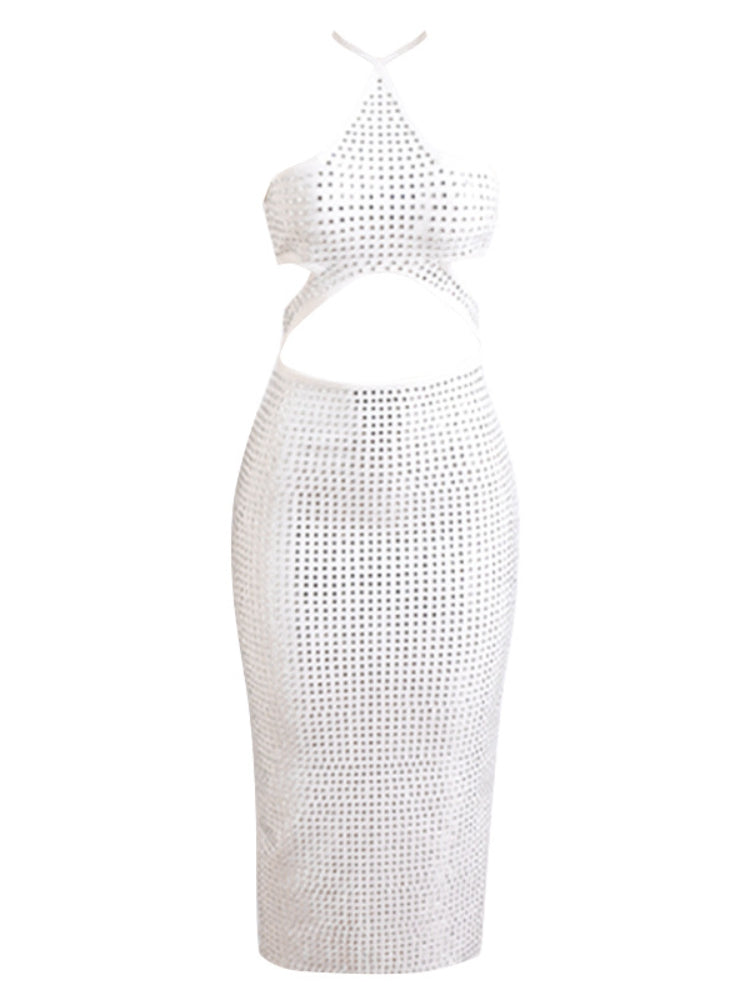 White Halter Diamond Setting Bandage Dress