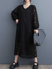 Jacquard Bishop Sleeve Long Sleeves V-Neck Midi Dresses
