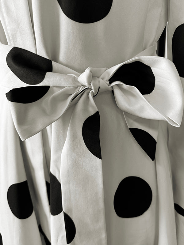 Belted Lace-Up Pockets Polka Dot Split-Joint A-line High Waisted Stand Collar Maxi Dresses