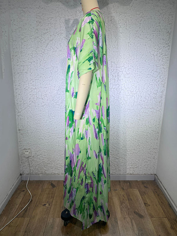 Multi-Colored Printed Loose Short Sleeves V-neck Maxi Dresses