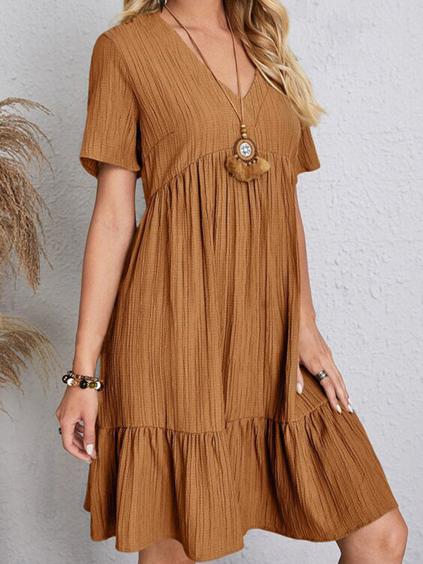 Pleated Solid Color Split-Joint A-line Loose V-neck Mini Dresses