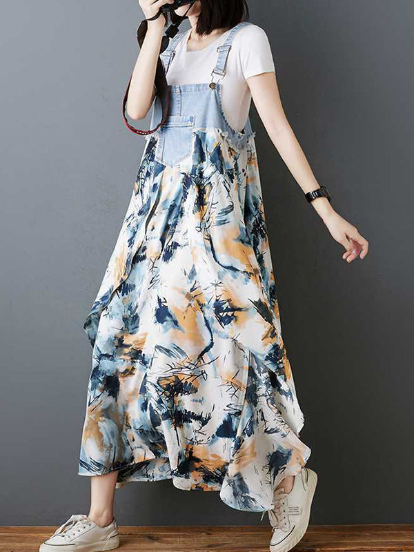 Flower Print Pockets Split-Joint Loose Plus Size Spaghetti-Neck Suspender Dress Maxi Dresses