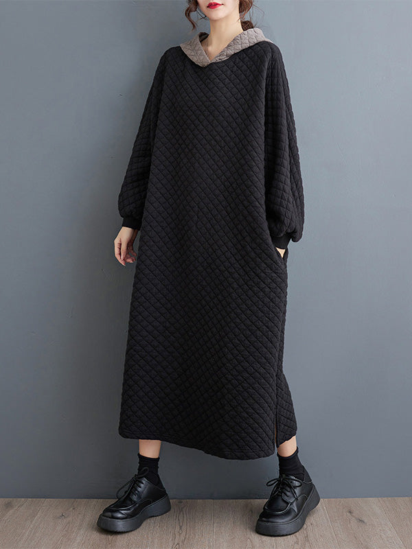 Hooded Quilted Split-Side A-Line Long Sleeves Midi Dresses