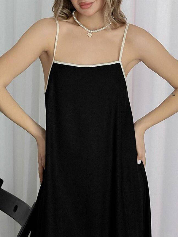 Split-Joint A-Line Loose Spaghetti-Neck Maxi Dresses