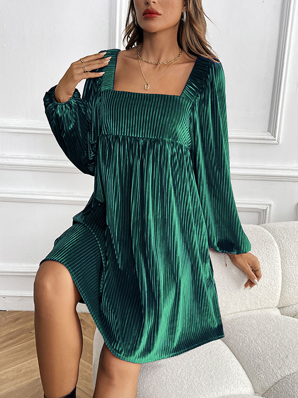 Pleated Shiny Solid Color Tied Velvet A-Line Long Sleeves Square-Neck Mini Dresses