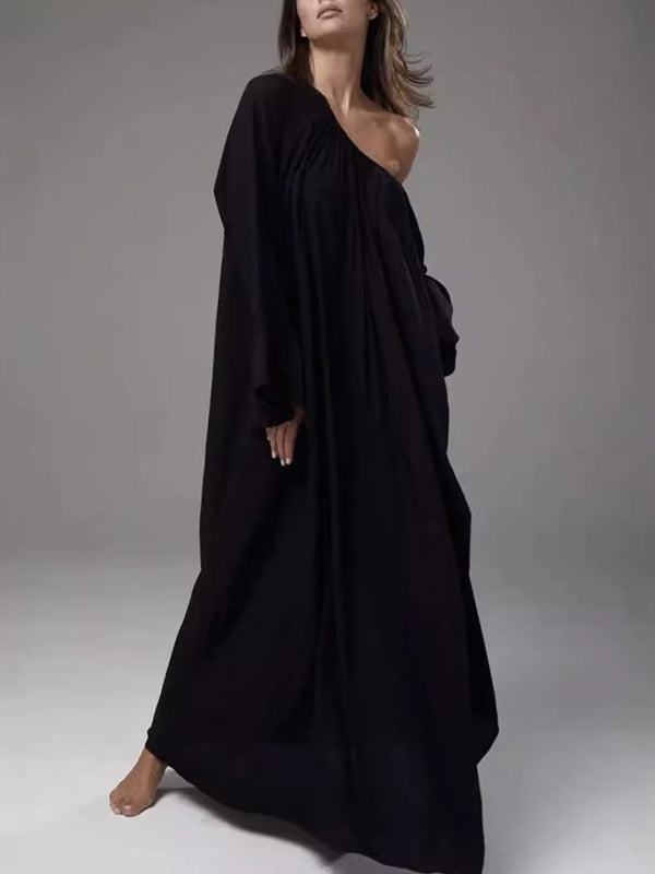 Pleated Solid Color Split-Joint Flared Sleeves Loose Round-Neck Maxi Dresses