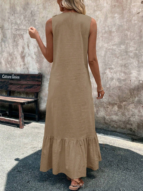 Pleated Ruffle Trim Solid Color A-Line Loose V-Neck Maxi Dresses